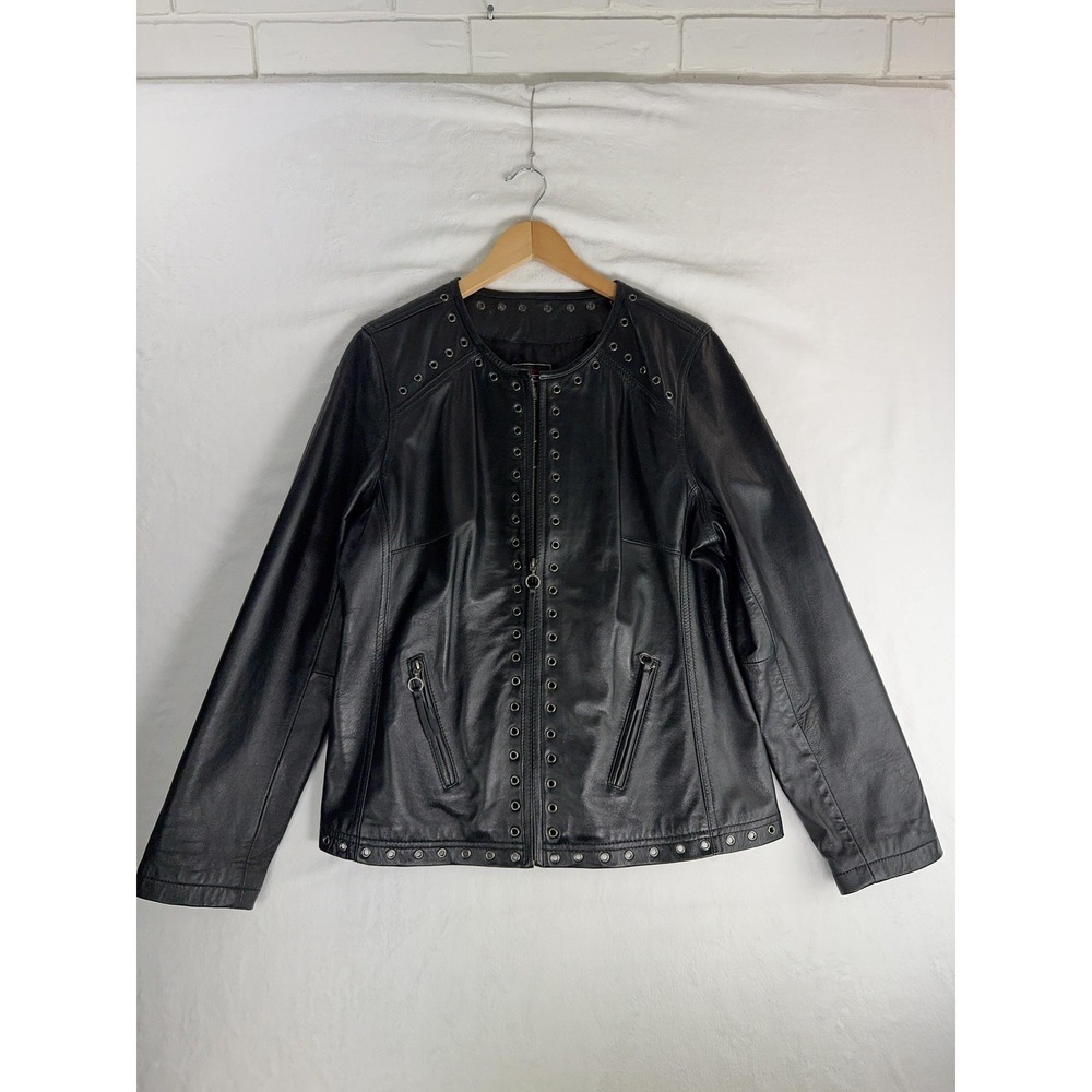 Bradley Jacket Womens P-L Black Genuine Leather‎ Studded Moto Biker Zip Eyelet